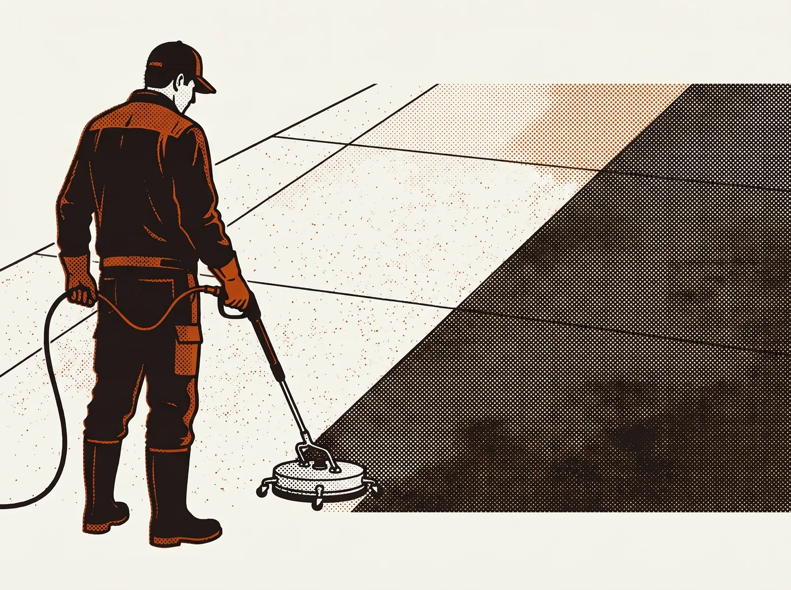 Operator pushing a surface cleaner across a driveway that is half clean, half grime